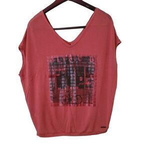 Americanino 100% Lyocell Shirt with Bike Print, Orange Size S, EUC